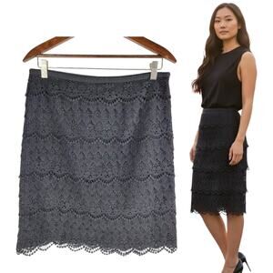 J Mclaughlin Tiered Lace Black Pencil Skirt Lined Side Zipper Size 8